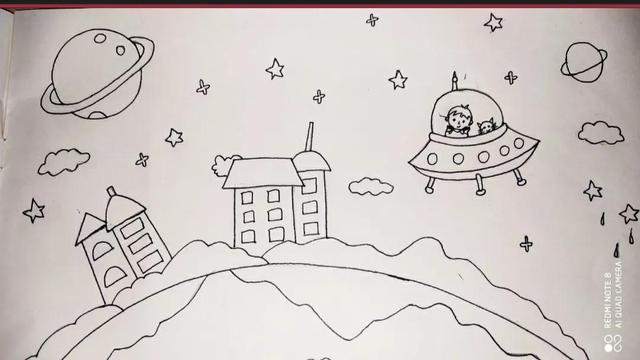一年级太空画儿童画,太空画小学生一年级简单(4)